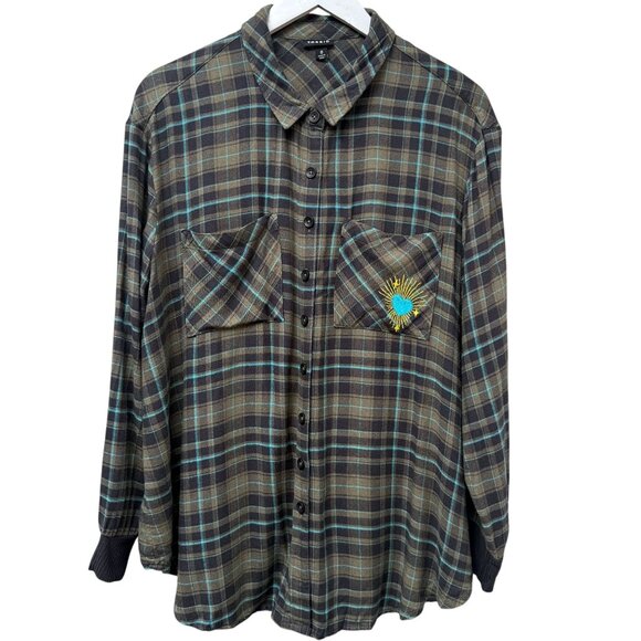 TORRID Flannel Shirt Large (Torrid 0) Olive Green Plaid Heart Long Sleeve Womens - Picture 2 of 13